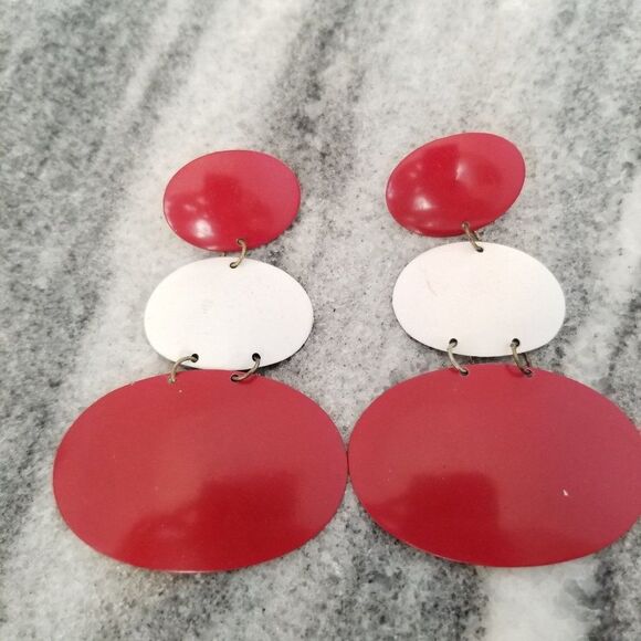 Vintage Red and White Enamel Post Earrings, Huge Holiday Statement Drops, Retro - Picture 1 of 4
